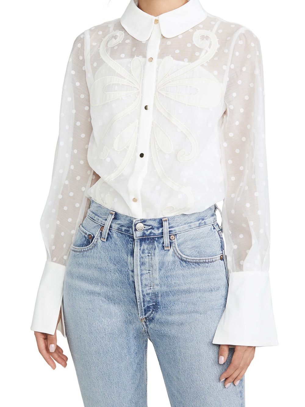 KEEPSAKE the Label White Sheer Polka Dot Embroidered Button Blouse